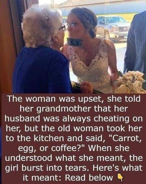 Grandmother shares a piece of wisdom using a carrot, eggs and coffee